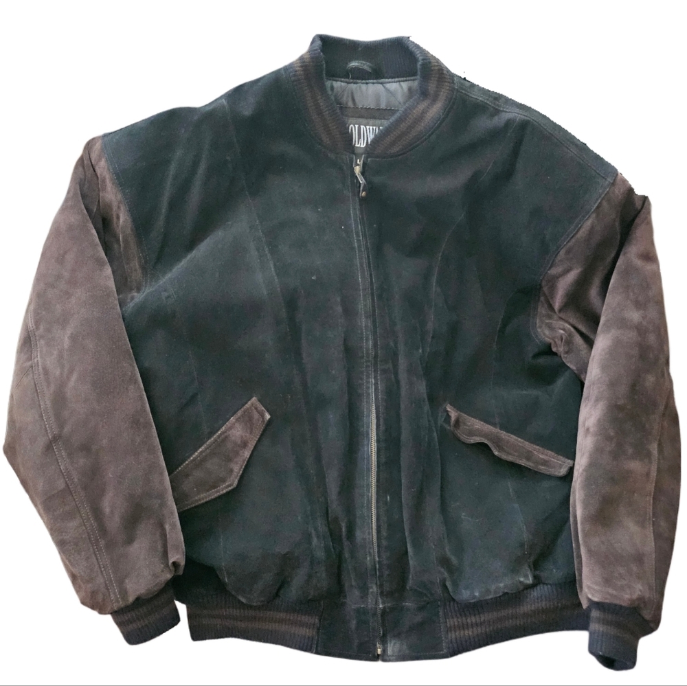 Goldway Vintage Seude Black & Brown Bomber Varsity Jacket Zip up Men's Large